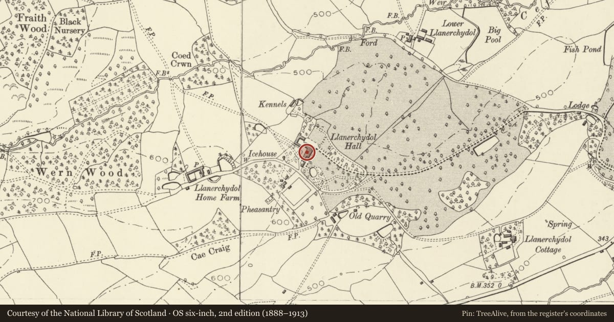 Ordnance Survey six-inch map, 2nd edition (1888–1913) covering the location of Llanerchydol Hall, Welshpool, Powys, with a pin at the register's coordinates