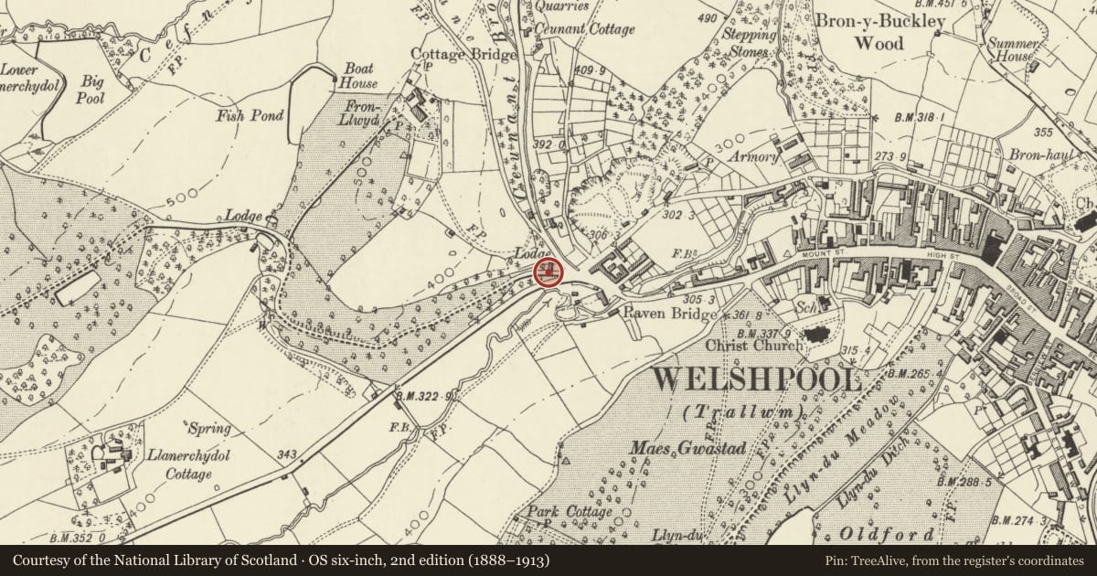 Ordnance Survey six-inch map, 2nd edition (1888–1913) covering the location of Entrance gate, flanking walls and railings adjoining First Lodge to Llanerchydol Hall, Welshpool, Powys, with a pin at the register's coordinates