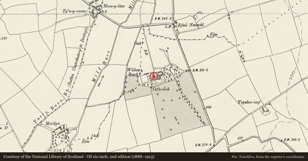 Ordnance Survey six-inch map, 2nd edition (1888–1913) covering the location of Detached Range at Cefn-coch, Llanfair Dyffryn Clwyd, Denbighshire, with a pin at the register's coordinates