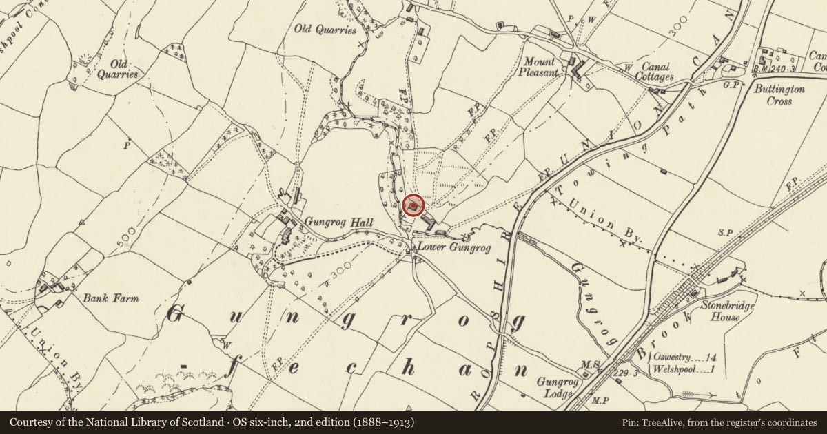 Ordnance Survey six-inch map, 2nd edition (1888–1913) covering the location of Gungrog Farmhouse, Welshpool, Powys, with a pin at the register's coordinates