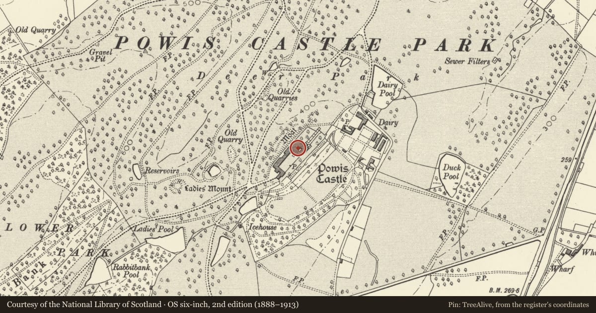 Ordnance Survey six-inch map, 2nd edition (1888–1913) covering the location of Powis Castle, Welshpool, Powys, with a pin at the register's coordinates