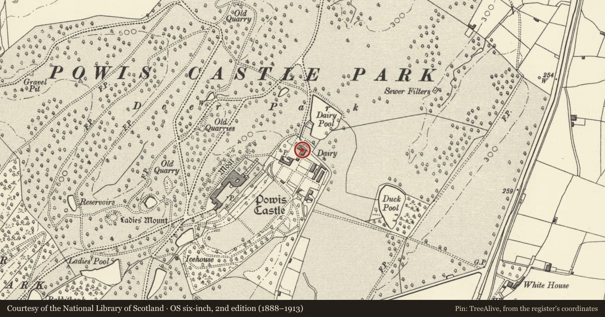 Ordnance Survey six-inch map, 2nd edition (1888–1913) covering the location of No 1 Park Houses, Welshpool, Powys, with a pin at the register's coordinates