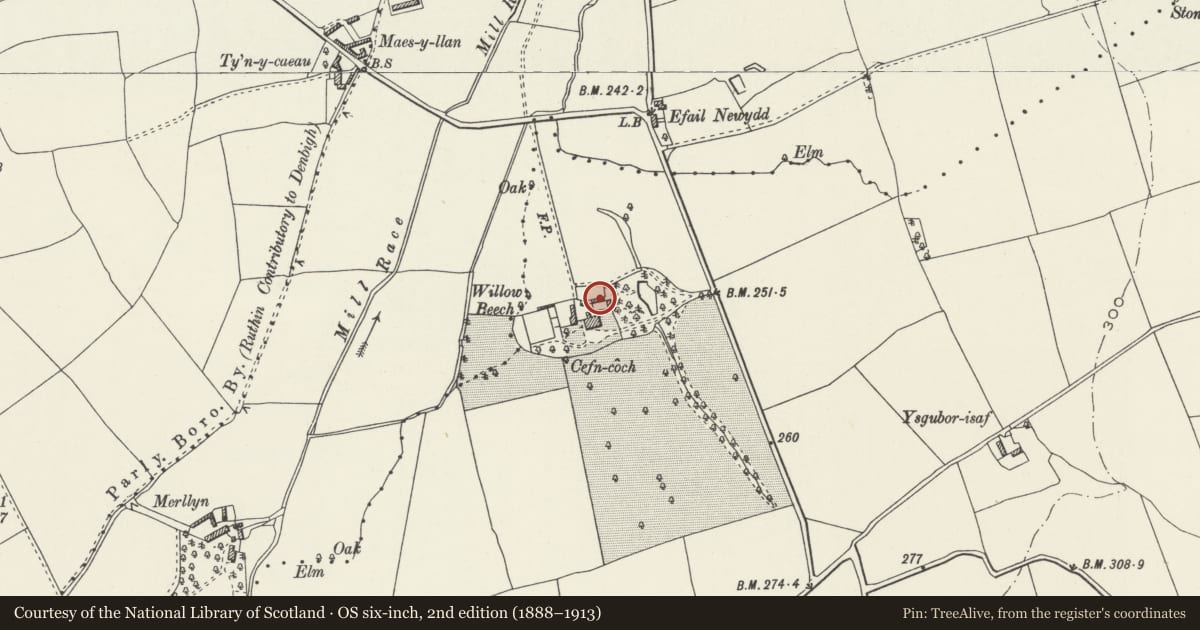 Ordnance Survey six-inch map, 2nd edition (1888–1913) covering the location of Threshing Barn at Cefn-coch, Llanfair Dyffryn Clwyd, Denbighshire, with a pin at the register's coordinates