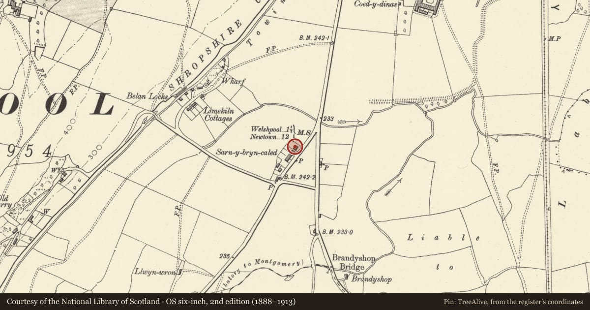 Ordnance Survey six-inch map, 2nd edition (1888–1913) covering the location of No 1 Sarn-y-bryn-caled Cottages, Welshpool, Powys, with a pin at the register's coordinates