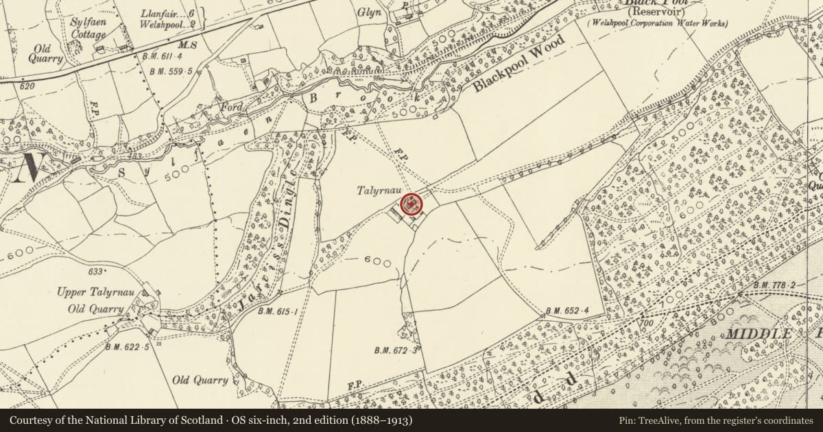 Ordnance Survey six-inch map, 2nd edition (1888–1913) covering the location of Talyrnau Farmhouse, Welshpool, Powys, with a pin at the register's coordinates