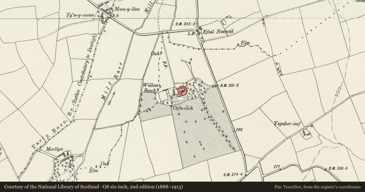 Ordnance Survey six-inch map, 2nd edition (1888–1913) covering the location of Farm Range at Cefn-coch, Llanfair Dyffryn Clwyd, Denbighshire, with a pin at the register's coordinates