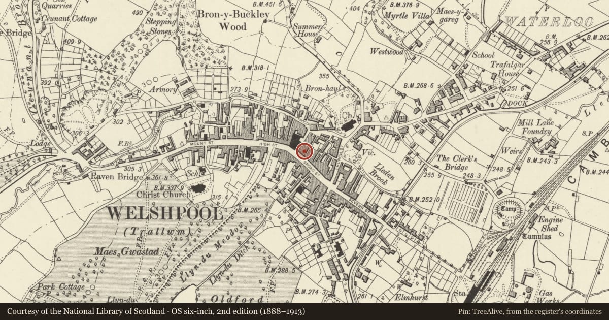 Ordnance Survey six-inch map, 2nd edition (1888–1913) covering the location of 1 Boot Street, Welshpool, Powys, with a pin at the register's coordinates