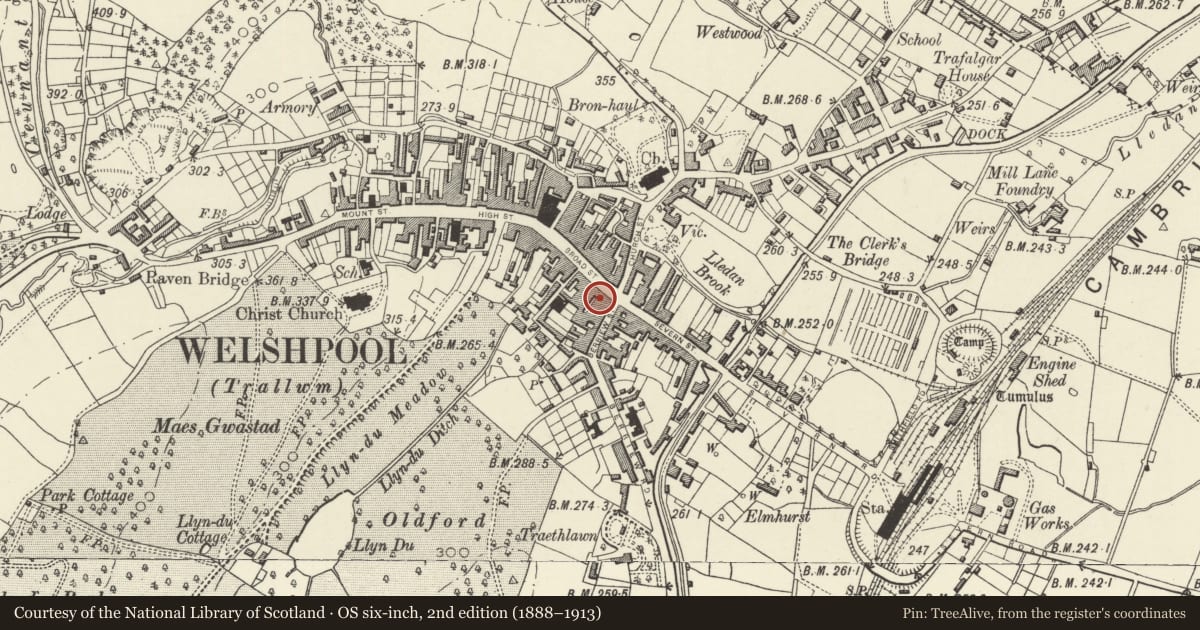 Ordnance Survey six-inch map, 2nd edition (1888–1913) covering the location of 25 Broad Street, Welshpool, Powys, with a pin at the register's coordinates