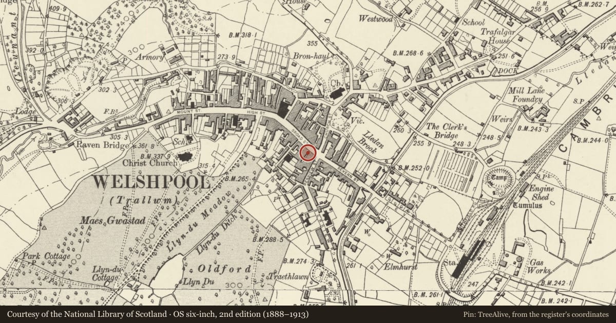 Ordnance Survey six-inch map, 2nd edition (1888–1913) covering the location of 26 Broad Street, Welshpool, Powys, with a pin at the register's coordinates