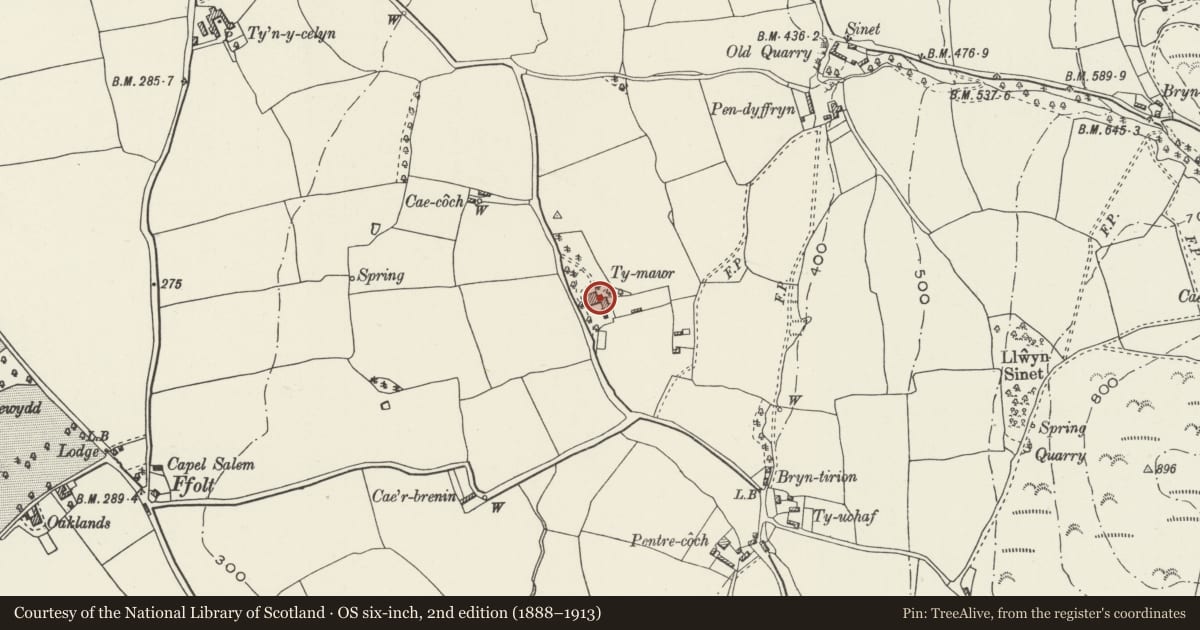 Ordnance Survey six-inch map, 2nd edition (1888–1913) covering the location of Ty-mawr (Pentre-coch Manor), Llanfair Dyffryn Clwyd, Denbighshire, with a pin at the register's coordinates