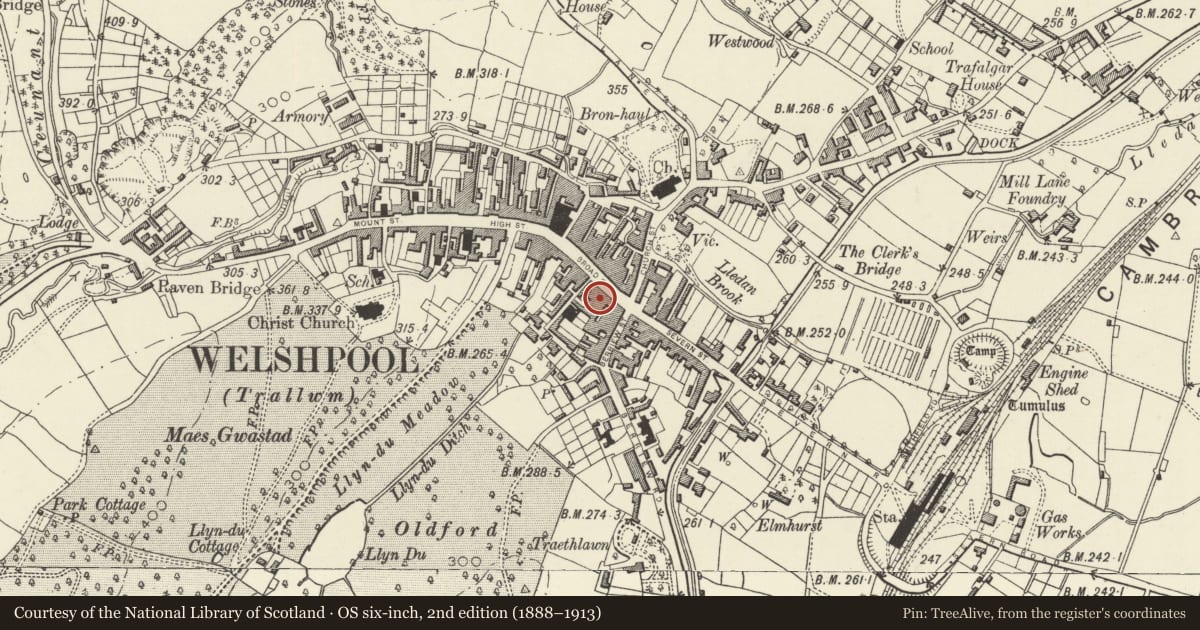 Ordnance Survey six-inch map, 2nd edition (1888–1913) covering the location of 28 Broad Street, Welshpool, Powys, with a pin at the register's coordinates