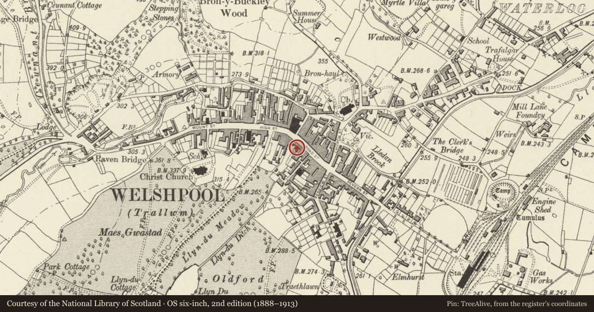 Ordnance Survey six-inch map, 2nd edition (1888–1913) covering the location of 37 Broad Street, Welshpool, Powys, with a pin at the register's coordinates