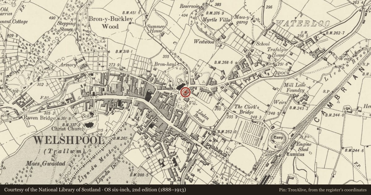 Ordnance Survey six-inch map, 2nd edition (1888–1913) covering the location of Church House, Welshpool, Powys, with a pin at the register's coordinates