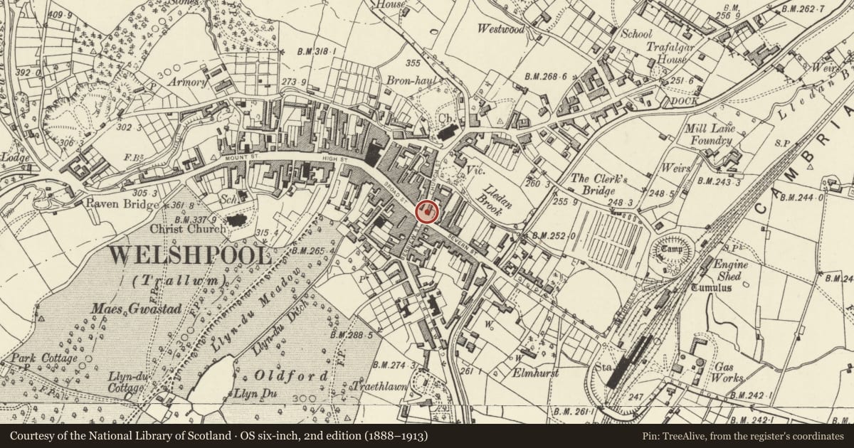 Ordnance Survey six-inch map, 2nd edition (1888–1913) covering the location of Coach Chambers, Welshpool, Powys, with a pin at the register's coordinates