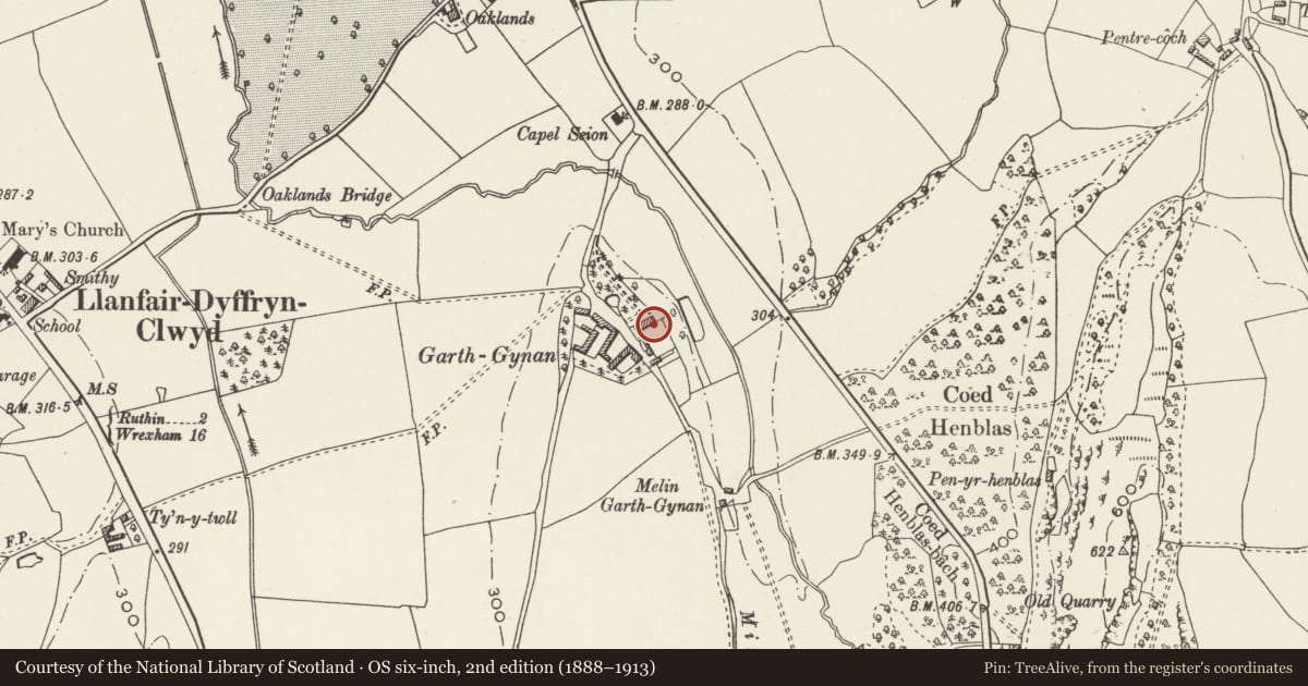 Ordnance Survey six-inch map, 2nd edition (1888–1913) covering the location of Garthgynan, Llanfair Dyffryn Clwyd, Denbighshire, with a pin at the register's coordinates