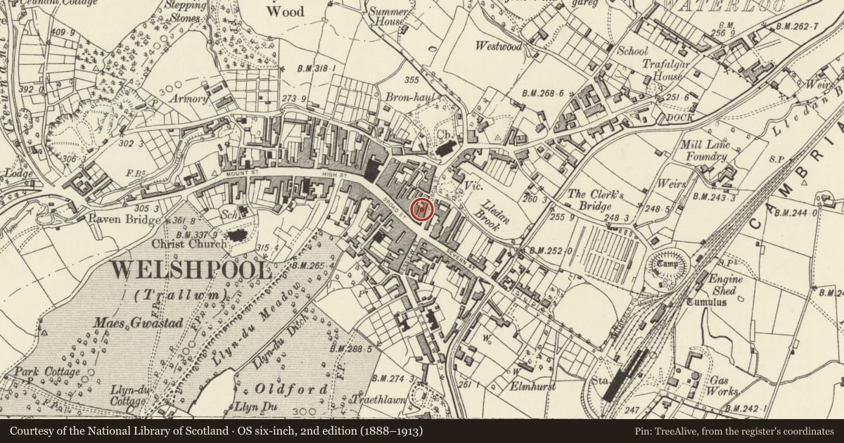 Ordnance Survey six-inch map, 2nd edition (1888–1913) covering the location of 5 Church Street, Welshpool, Powys, with a pin at the register's coordinates