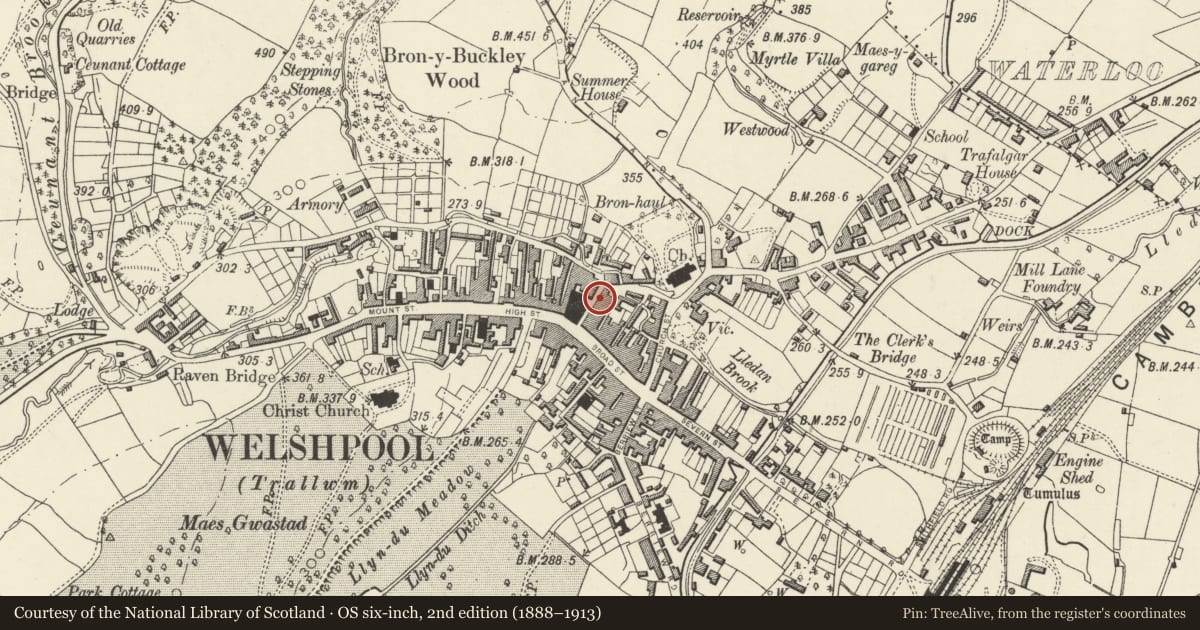 Ordnance Survey six-inch map, 2nd edition (1888–1913) covering the location of 6 Hall Street, Welshpool, Powys, with a pin at the register's coordinates