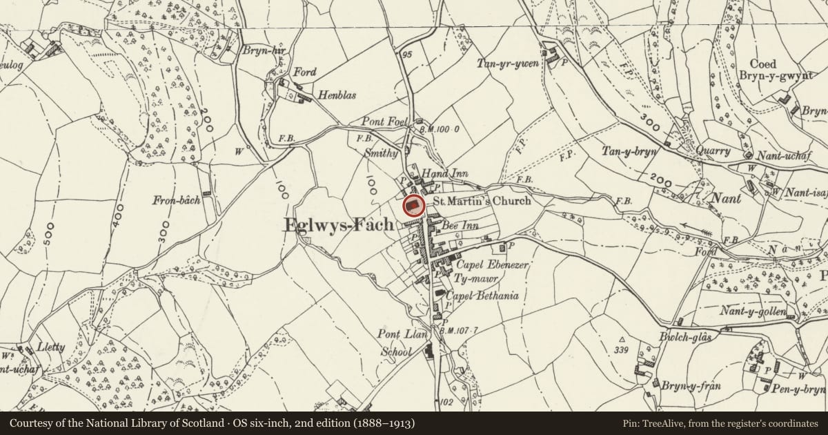 Ordnance Survey six-inch map, 2nd edition (1888–1913) covering the location of Parish Church of St Martin, Eglwysbach, Conwy, with a pin at the register's coordinates