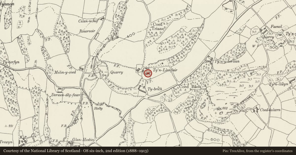 Ordnance Survey six-inch map, 2nd edition (1888–1913) covering the location of Barn Range at Ty'n Llanfair, Llanfair Dyffryn Clwyd, Denbighshire, with a pin at the register's coordinates