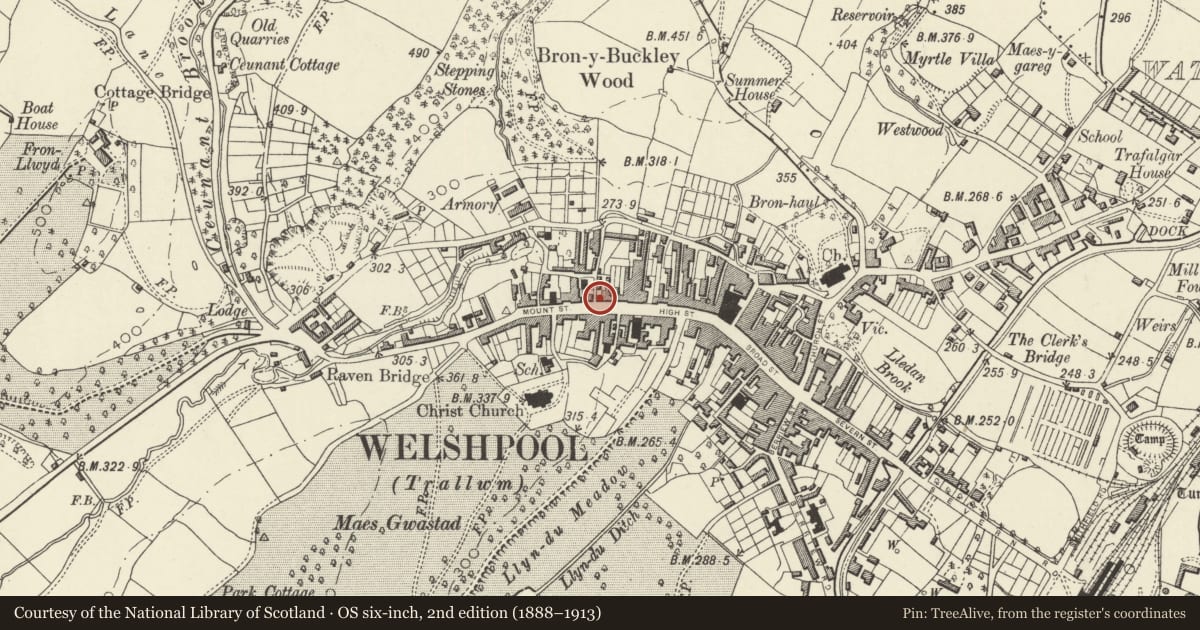 Ordnance Survey six-inch map, 2nd edition (1888–1913) covering the location of 21 High Street, Welshpool, Powys, with a pin at the register's coordinates