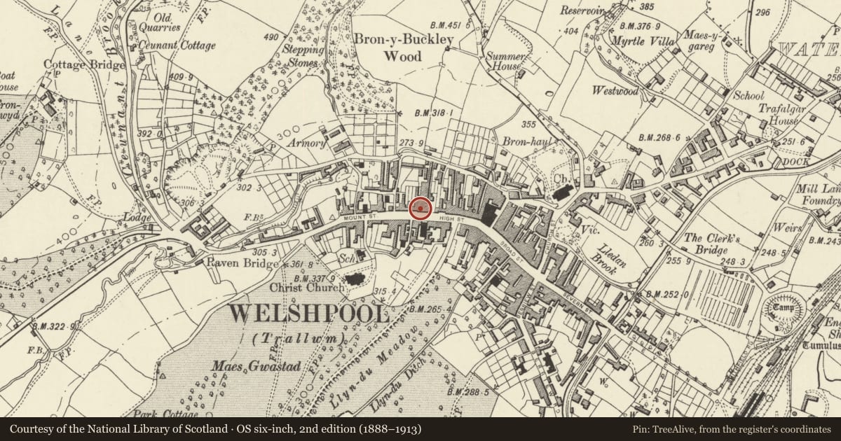 Ordnance Survey six-inch map, 2nd edition (1888–1913) covering the location of 31 High Street, Welshpool, Powys, with a pin at the register's coordinates