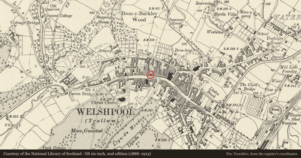 Ordnance Survey six-inch map, 2nd edition (1888–1913) covering the location of 34 High Street, Welshpool, Powys, with a pin at the register's coordinates