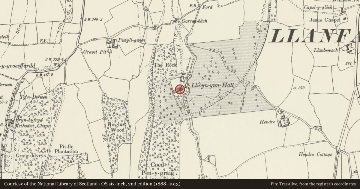 Ordnance Survey six-inch map, 2nd edition (1888–1913) covering the location of Llwyn-ynn Hall, Llanfair Dyffryn Clwyd, Denbighshire, with a pin at the register's coordinates