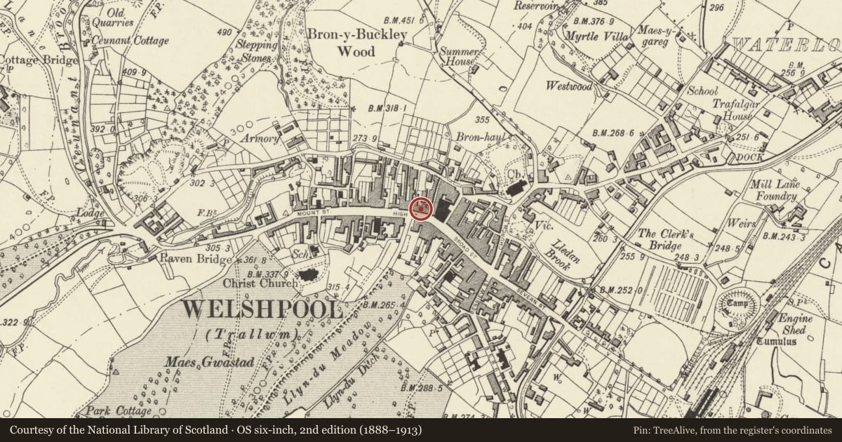 Ordnance Survey six-inch map, 2nd edition (1888–1913) covering the location of The Pheasant PH, Welshpool, Powys, with a pin at the register's coordinates