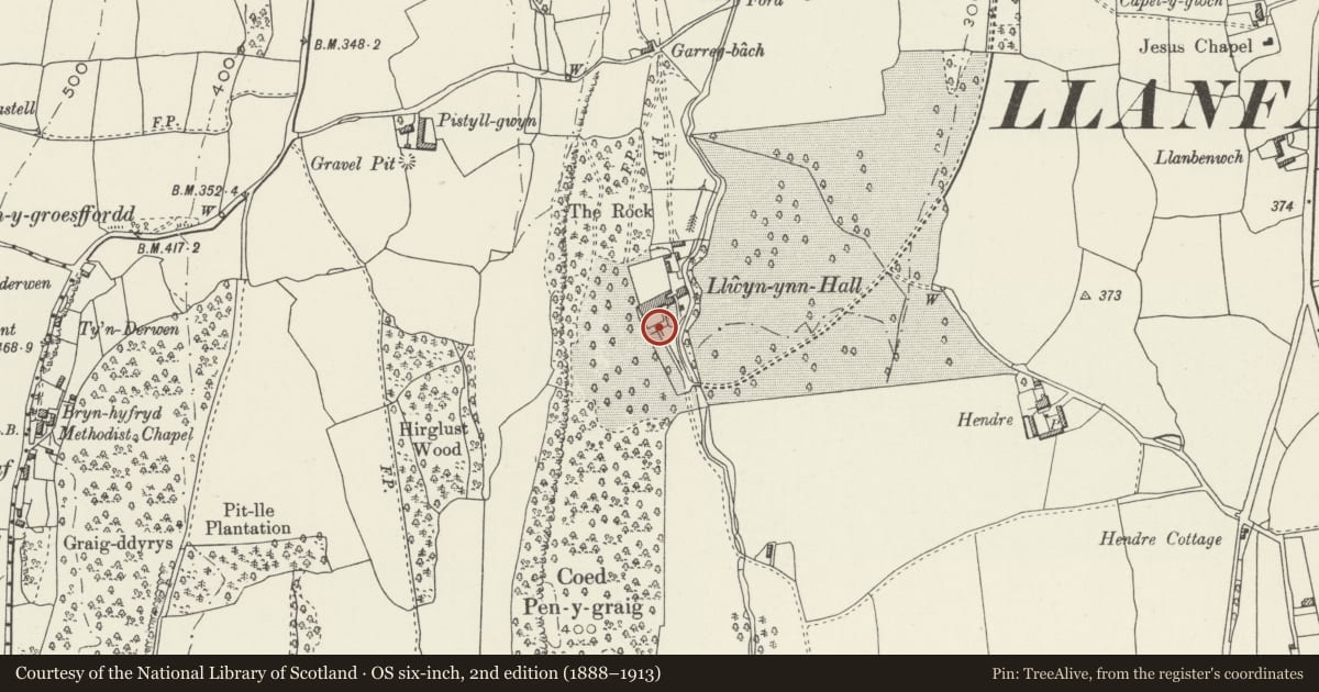 Ordnance Survey six-inch map, 2nd edition (1888–1913) covering the location of Gatepiers at Llwyn-ynn Hall, Llanfair Dyffryn Clwyd, Denbighshire, with a pin at the register's coordinates