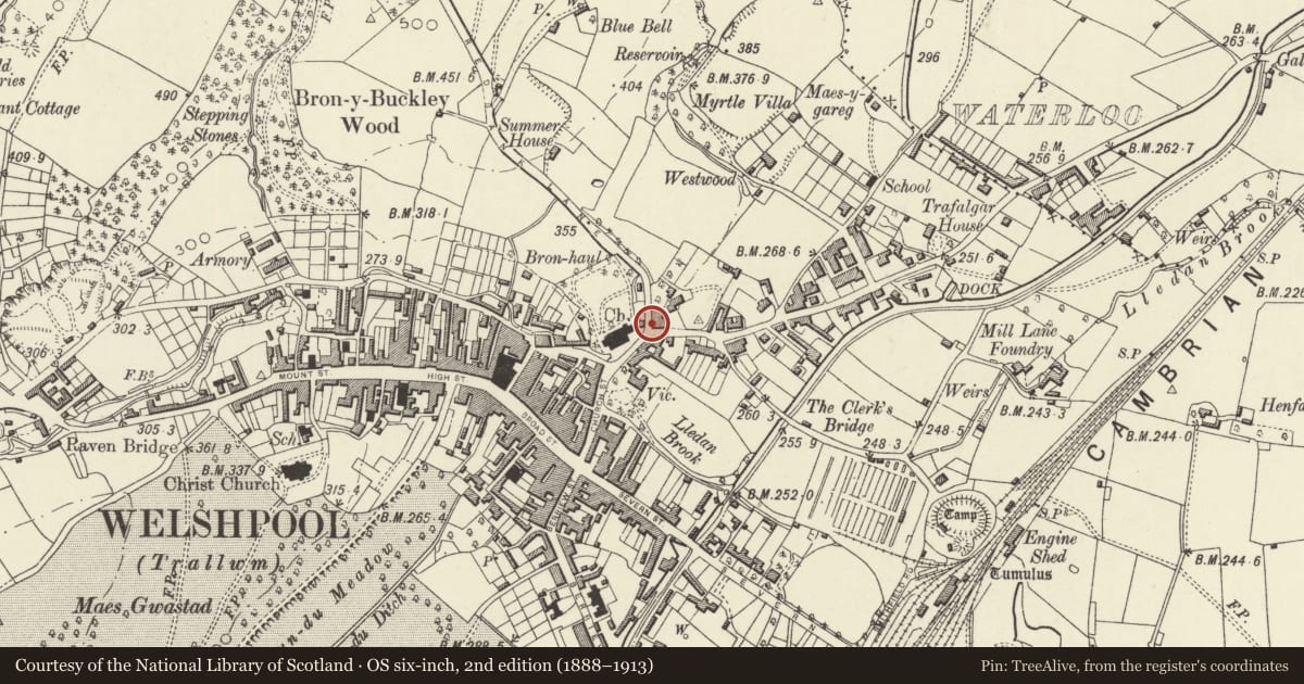 Ordnance Survey six-inch map, 2nd edition (1888–1913) covering the location of 1 Salop Road, Welshpool, Powys, with a pin at the register's coordinates