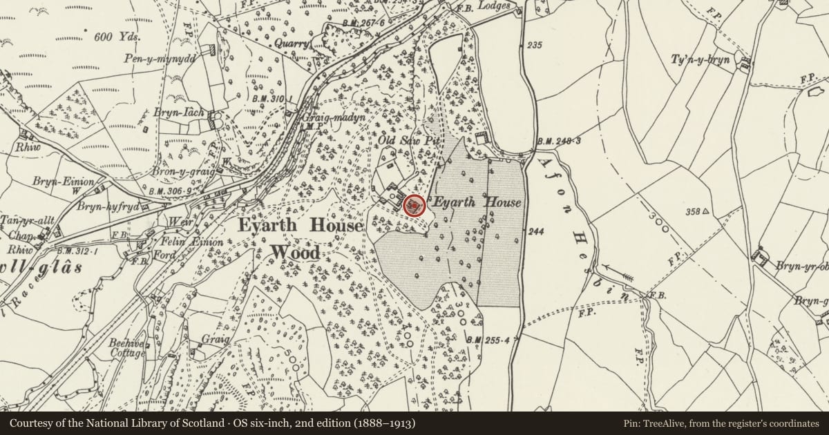Ordnance Survey six-inch map, 2nd edition (1888–1913) covering the location of Eyarth House, Llanfair Dyffryn Clwyd, Denbighshire, with a pin at the register's coordinates