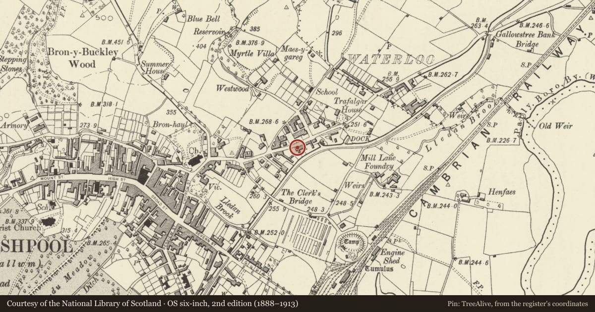 Ordnance Survey six-inch map, 2nd edition (1888–1913) covering the location of Glandwr, Welshpool, Powys, with a pin at the register's coordinates