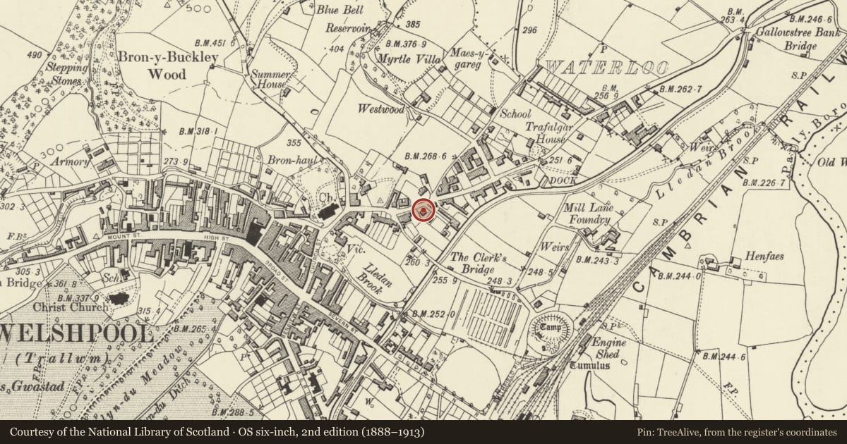 Ordnance Survey six-inch map, 2nd edition (1888–1913) covering the location of 36 Salop Road, Welshpool, Powys, with a pin at the register's coordinates