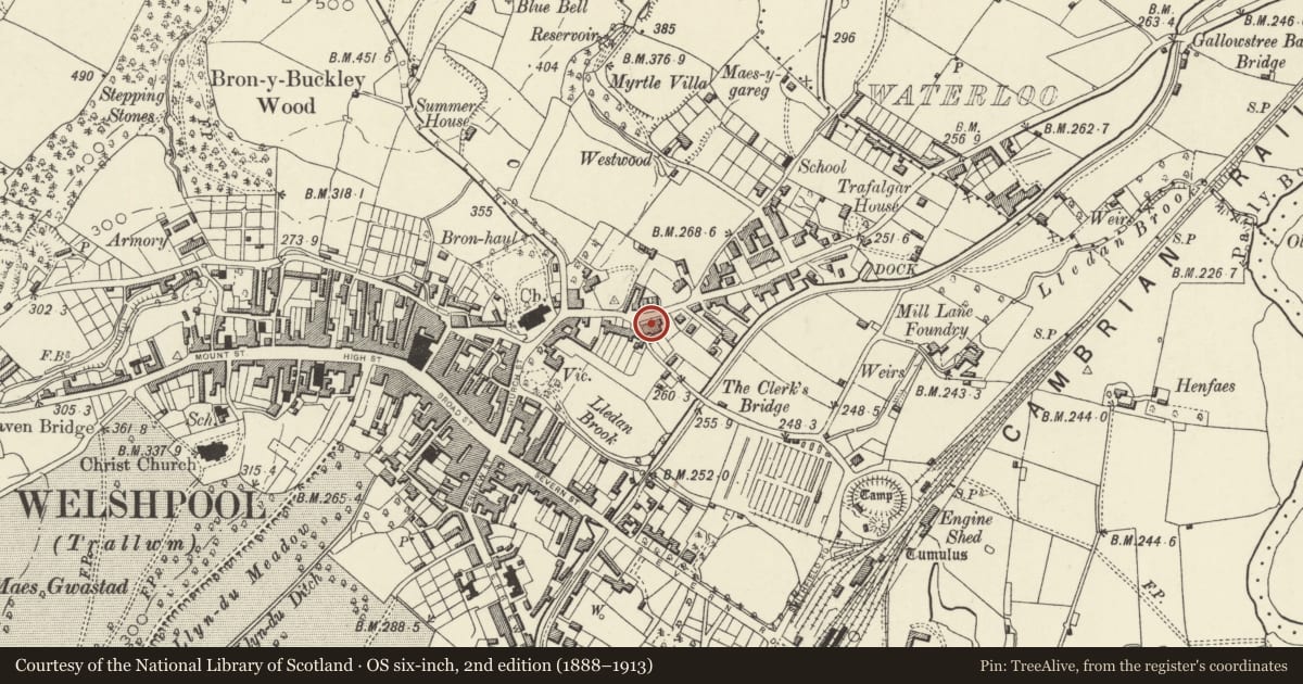 Ordnance Survey six-inch map, 2nd edition (1888–1913) covering the location of 39 Salop Road, Welshpool, Powys, with a pin at the register's coordinates