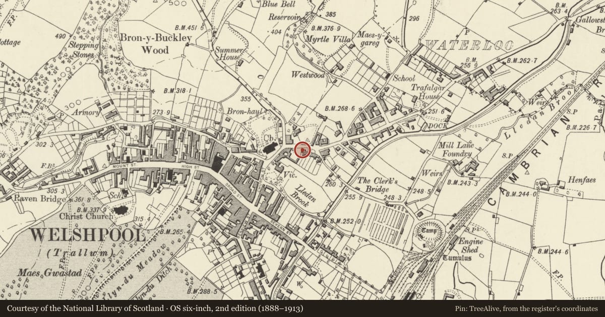 Ordnance Survey six-inch map, 2nd edition (1888–1913) covering the location of 45 Salop Road, Welshpool, Powys, with a pin at the register's coordinates