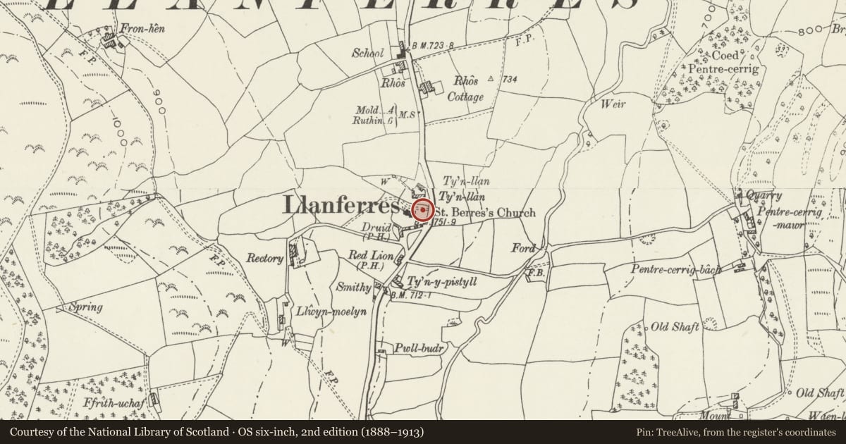 Ordnance Survey six-inch map, 2nd edition (1888–1913) covering the location of Gatepiers to St Berres Church, Llanferres, Denbighshire, with a pin at the register's coordinates