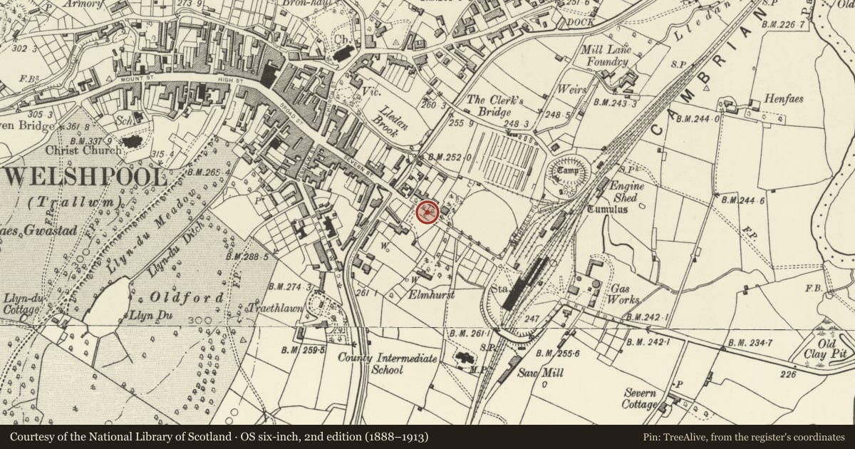 Ordnance Survey six-inch map, 2nd edition (1888–1913) covering the location of Gates, gate piers & boundary walls to Nos 1-4 Clive Place, Welshpool, Powys, with a pin at the register's coordinates