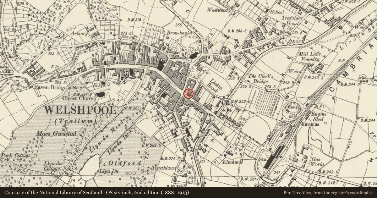 Ordnance Survey six-inch map, 2nd edition (1888–1913) covering the location of Royal Oak Hotel, Welshpool, Powys, with a pin at the register's coordinates