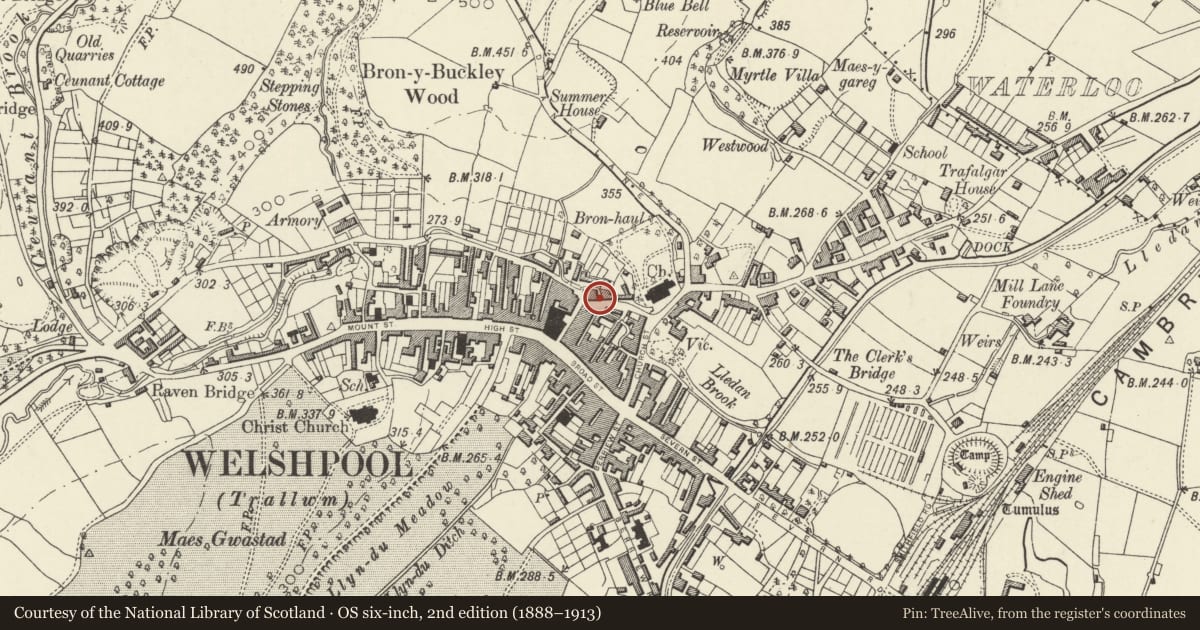 Ordnance Survey six-inch map, 2nd edition (1888–1913) covering the location of 6 Union Street, Welshpool, Powys, with a pin at the register's coordinates