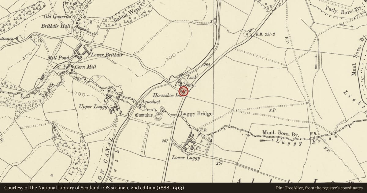 Ordnance Survey six-inch map, 2nd edition (1888–1913) covering the location of Horseshoes PH, Berriew, Powys, with a pin at the register's coordinates