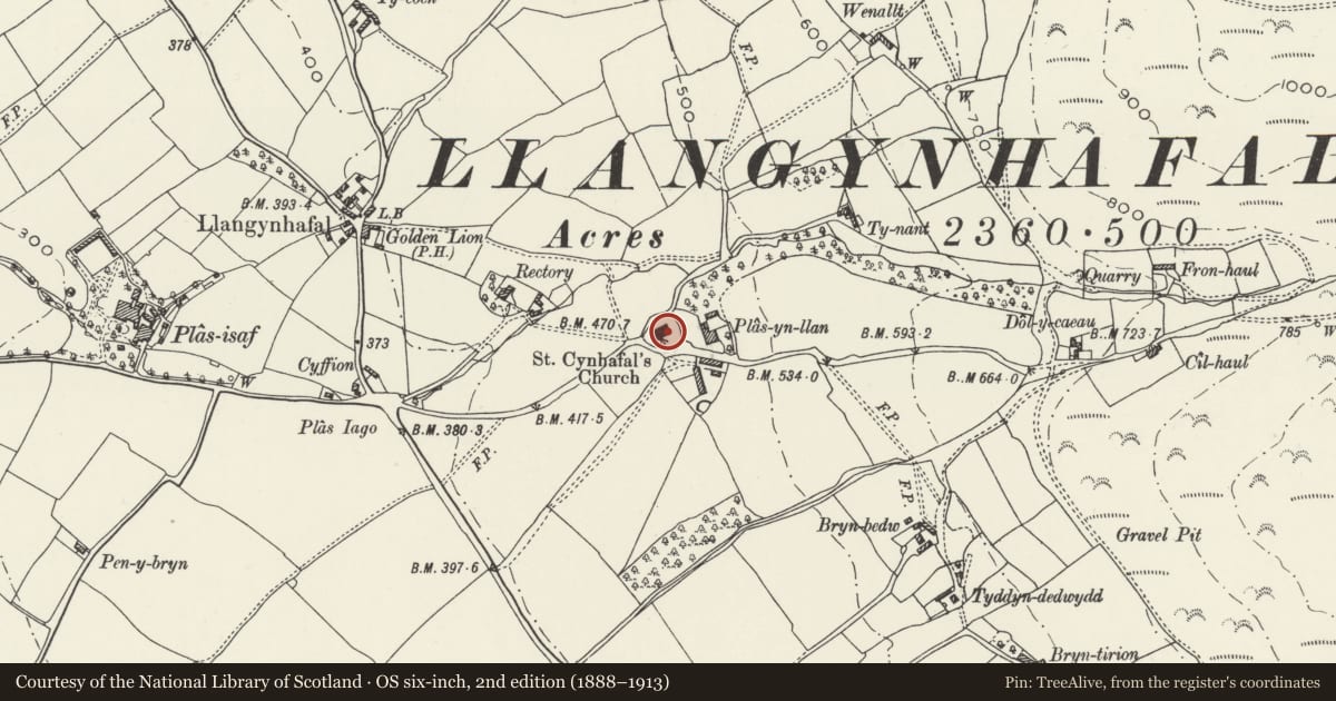 Ordnance Survey six-inch map, 2nd edition (1888–1913) covering the location of Church of St Cynhafal, Llangynhafal, Denbighshire, with a pin at the register's coordinates