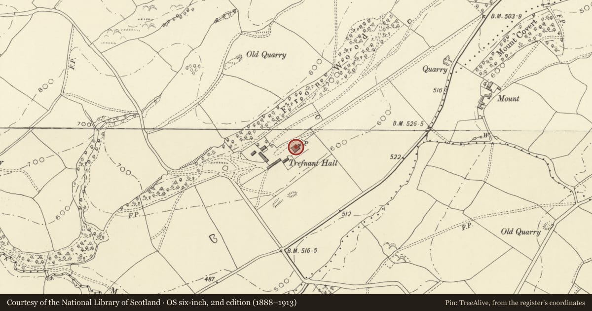 Ordnance Survey six-inch map, 2nd edition (1888–1913) covering the location of Trefnant Hall, Castle Caereinion, Powys, with a pin at the register's coordinates