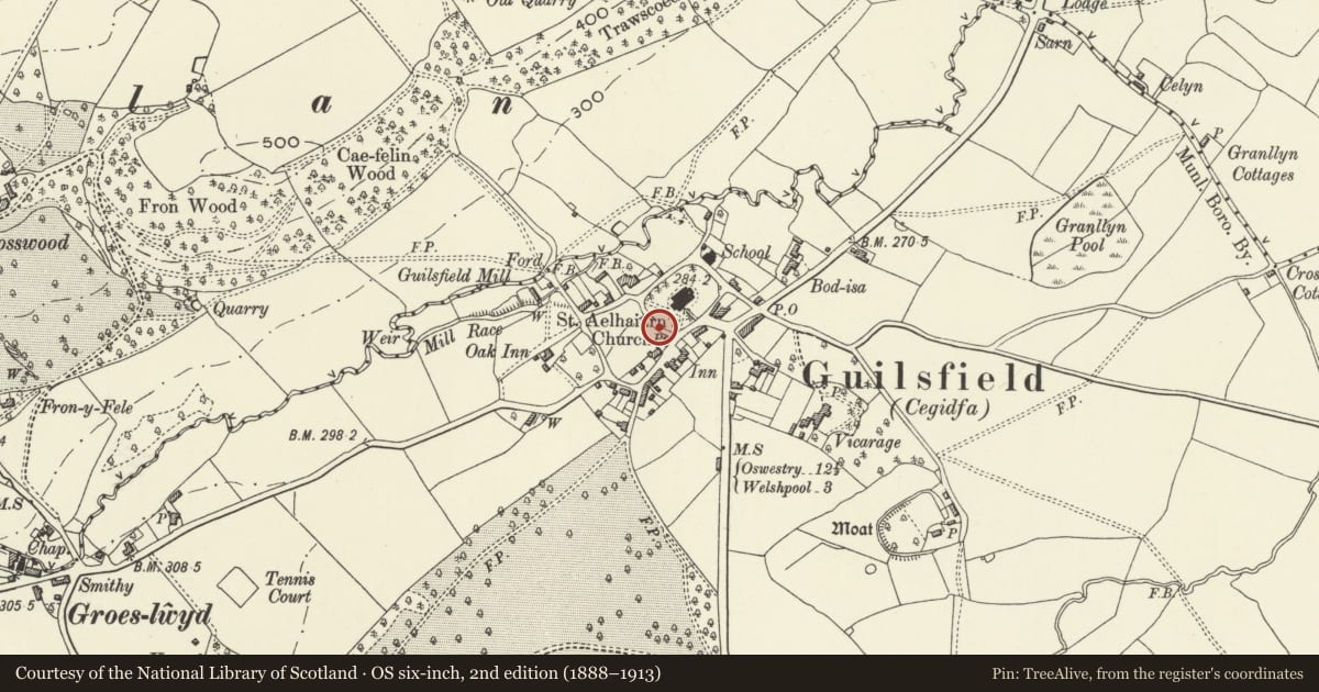 Ordnance Survey six-inch map, 2nd edition (1888–1913) covering the location of Churchyard Wall and Gates at Chruch of St Aelhaiarn, Guilsfield, Powys, with a pin at the register's coordinates