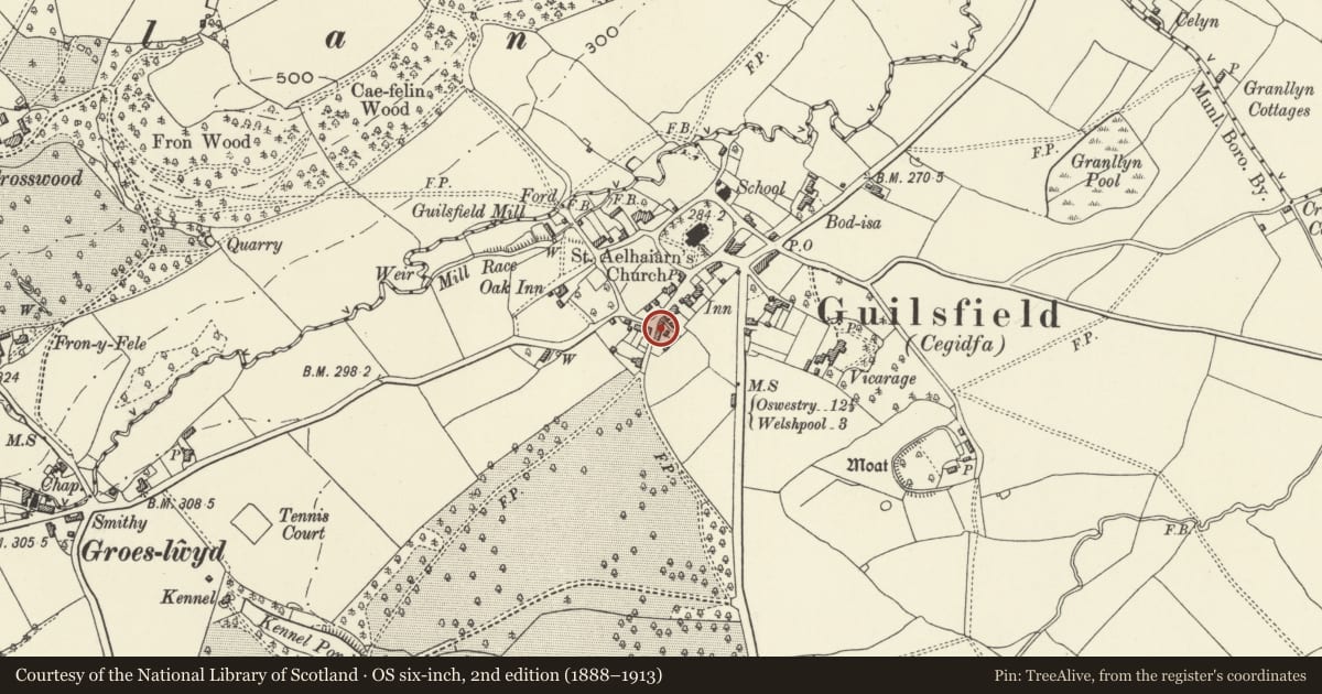 Ordnance Survey six-inch map, 2nd edition (1888–1913) covering the location of Porches, Guilsfield, Powys, with a pin at the register's coordinates