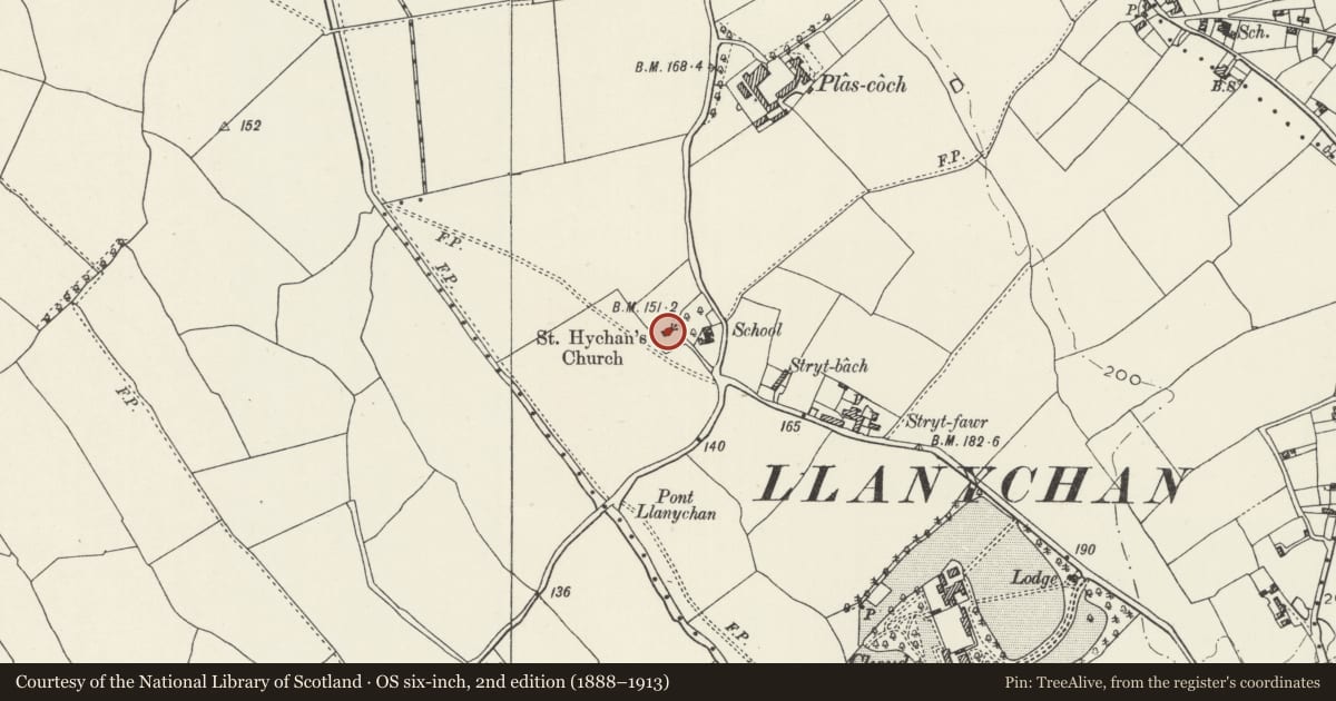 Ordnance Survey six-inch map, 2nd edition (1888–1913) covering the location of Church of St Hychan, Llangynhafal, Denbighshire, with a pin at the register's coordinates