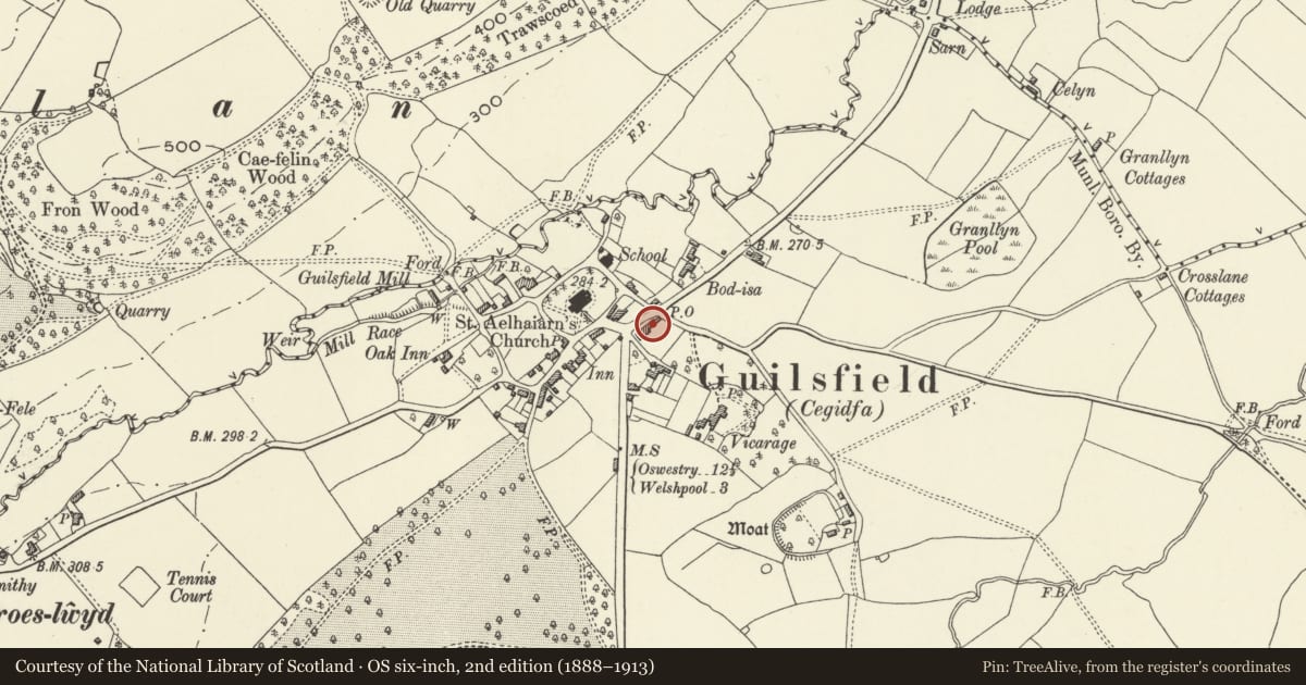 Ordnance Survey six-inch map, 2nd edition (1888–1913) covering the location of Calcott House, Guilsfield, Powys, with a pin at the register's coordinates