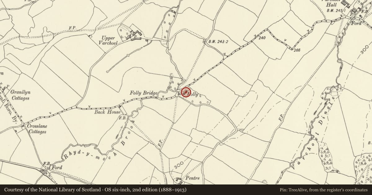 Ordnance Survey six-inch map, 2nd edition (1888–1913) covering the location of Folly Farmhouse, Guilsfield, Powys, with a pin at the register's coordinates