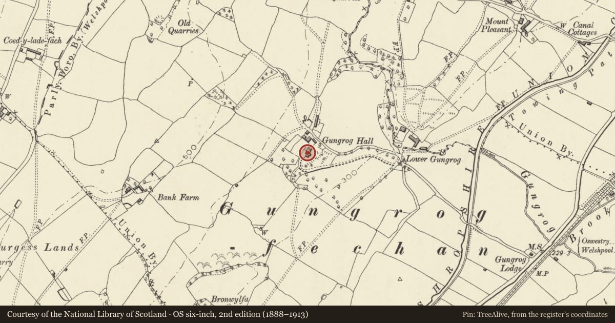 Ordnance Survey six-inch map, 2nd edition (1888–1913) covering the location of Gungrog Hall, Welshpool, Powys, with a pin at the register's coordinates