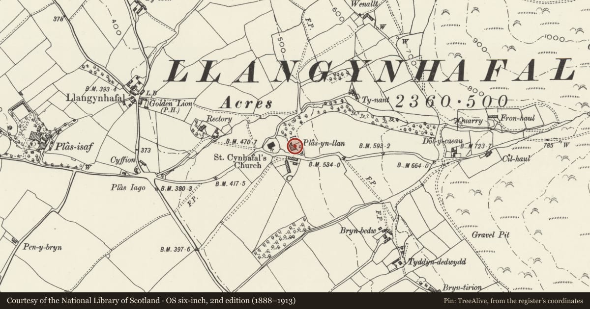 Ordnance Survey six-inch map, 2nd edition (1888–1913) covering the location of Plas-yn-llan, Llangynhafal, Denbighshire, with a pin at the register's coordinates