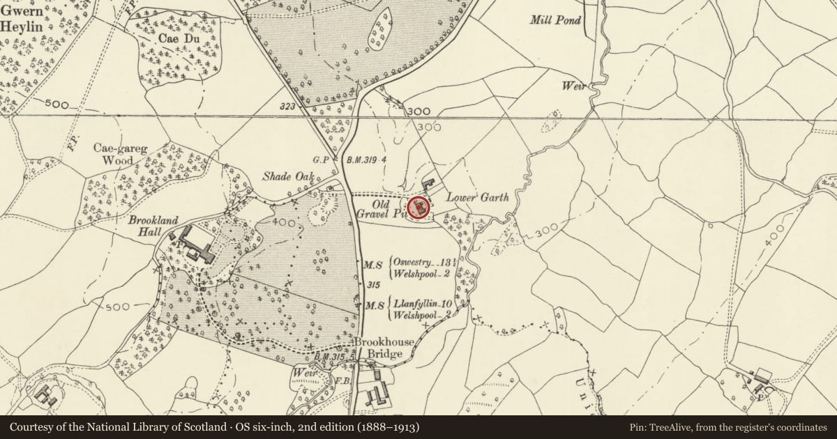 Ordnance Survey six-inch map, 2nd edition (1888–1913) covering the location of Lower Garth (also known as Garth Isaf), Guilsfield, Powys, with a pin at the register's coordinates